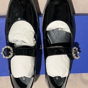 Stuart Weitzman Black Patent Leather Flats with Pearl Buckle size 7